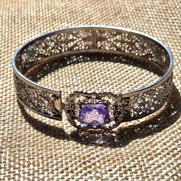 Art Deco Bracelet, Vintage Jewelry, JJ White Filigree Bangle, Purple Stone - Picture 1 of 10